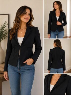 BCBGMAXAZRIA Black Frayed Trim Tailored Blazer Jacket | Size M